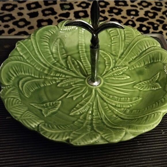 50’s VINTAGECALIFORNIA POTTERY USA 693 12” Serving Dish Green w/ SILVER Handle - Picture 3 of 4